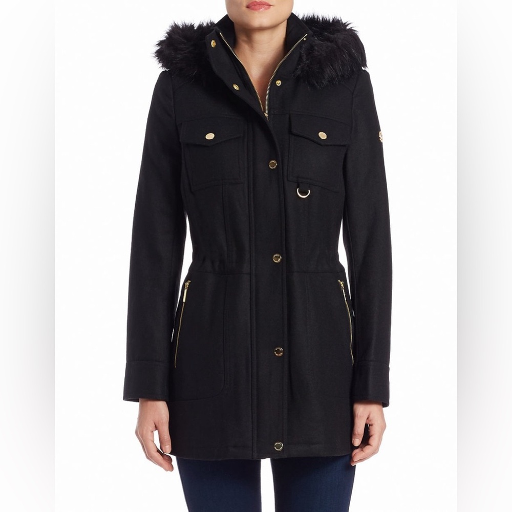 Michael Kors Women's‎ Black Faux Fur-Trim Hooded Wool-Blend Coat size 8